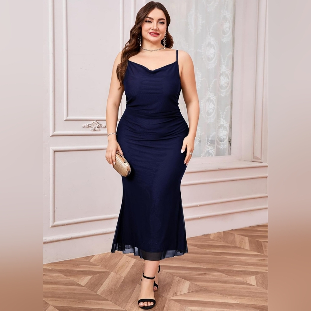 NEW! Zomva Elegant Mesh Navy Blue Mermaid Maxi Dress
